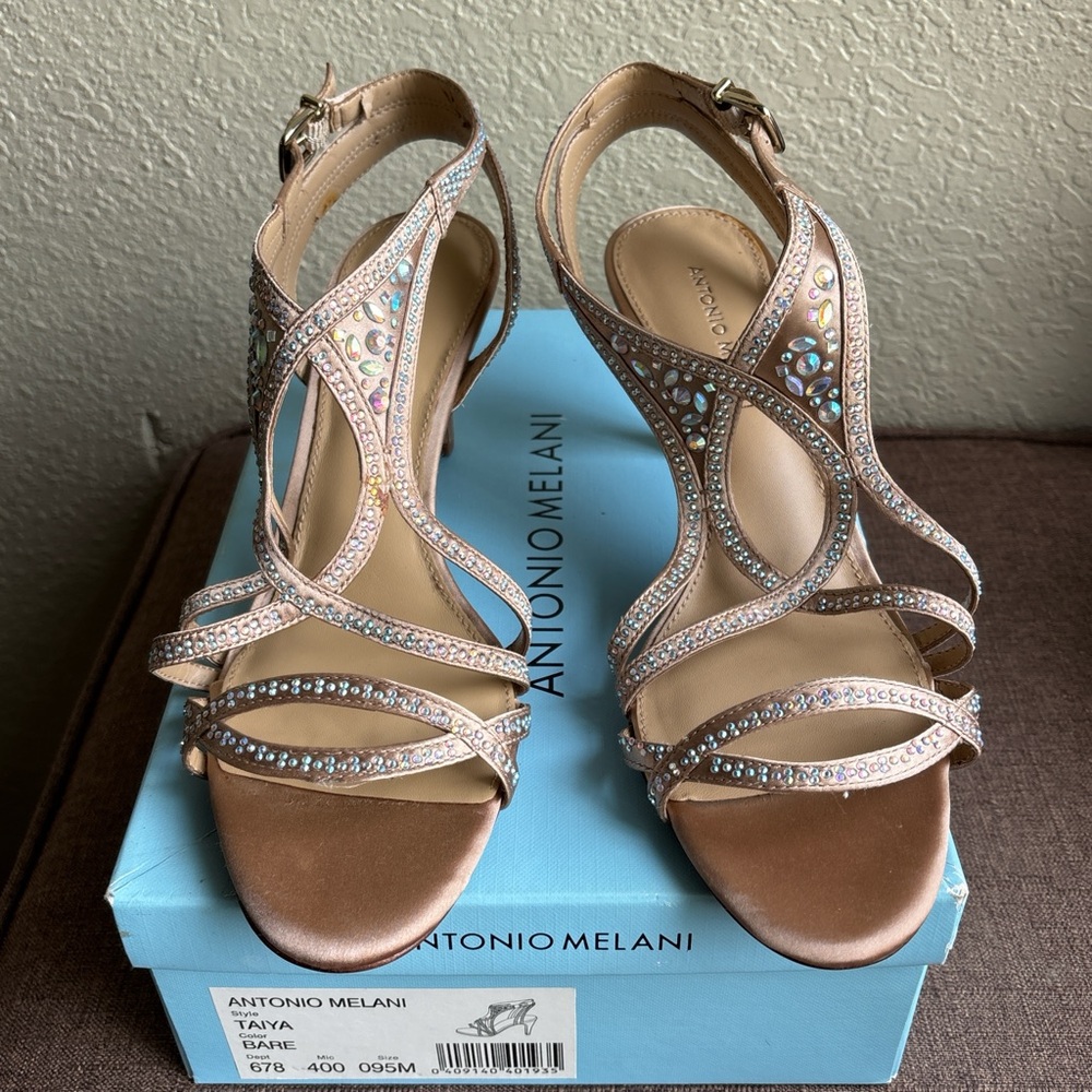 ANTONIO MELANI Strappy Tan Heels with Rhinestones